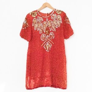 Star & Style | Vintage 80’s/90’s Red Short Sequin & Bead Trophy Dress | Size M